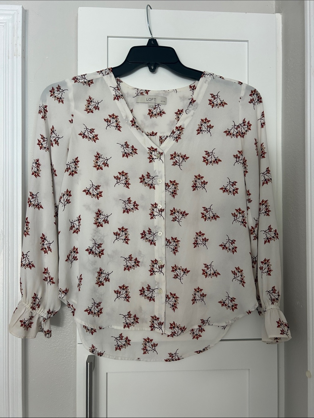 LOFT Cream Button-Front Blouse with Red Floral Print